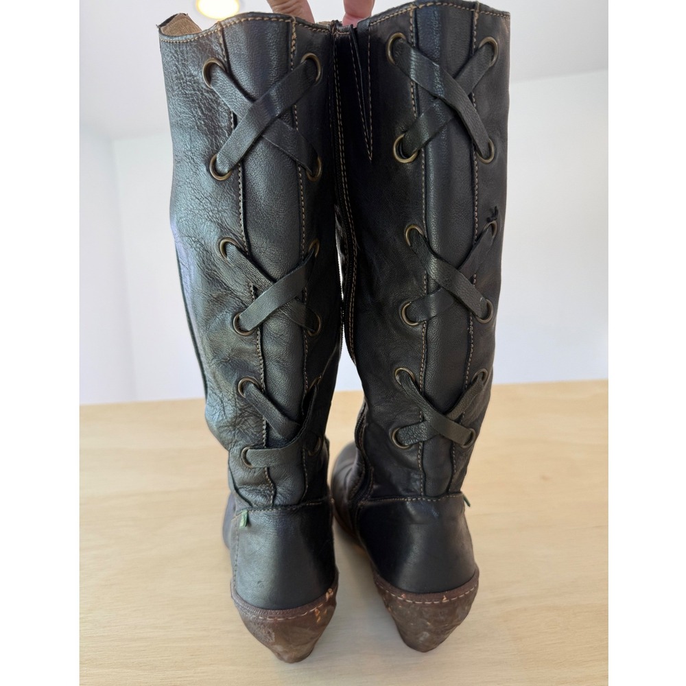 El Naturalista Black Leather Lace Up Back Wedge Tall Boots Womens 40 US 9